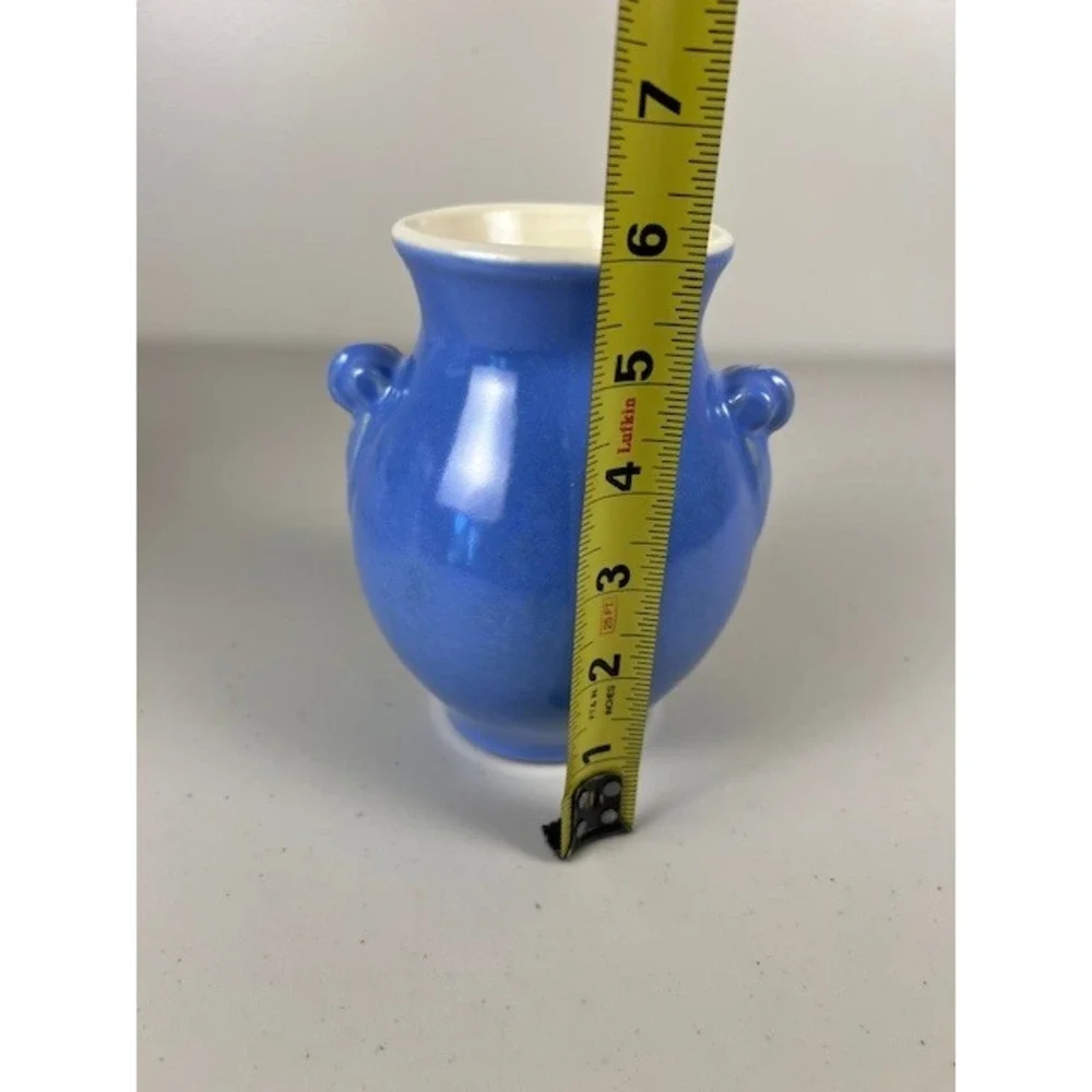 WELLER‎ Pottery Blue Glazed Double Scroll Handle Bud Vase Signed Vintage 6 Inch